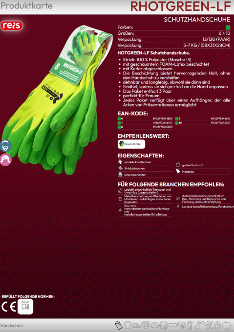 REIS HOTGREEN-LF Arbeitshandschuhe – Foam-Latex, flexibel & griffig Verpackung: 3 Paar pro Packung